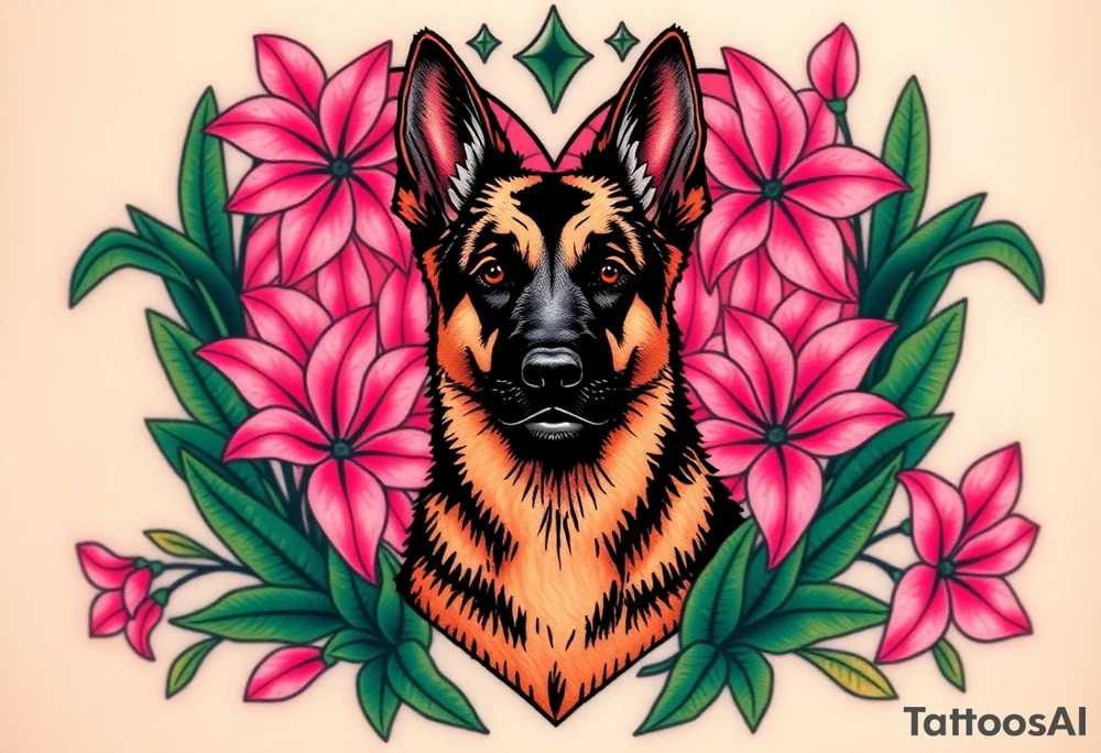 strong looking short haired german shepherd with alert ears surrounded by pink lilies with large leaves in front of a sacred heart tattoo idea