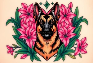 strong looking short haired german shepherd with alert ears surrounded by pink lilies with large leaves in front of a sacred heart tattoo idea