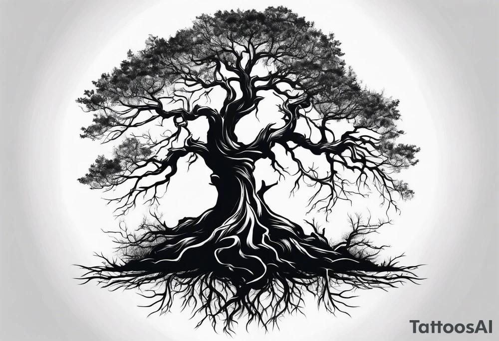 Dead tree with roots silhouette tattoo idea