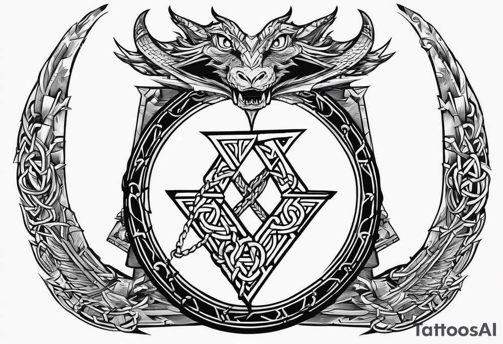 Valhalla sword shield dragon axe Valknut barbed wire chains tattoo idea Valhalla sword shield dragon axe Valknut barbed wire chains tattoo idea