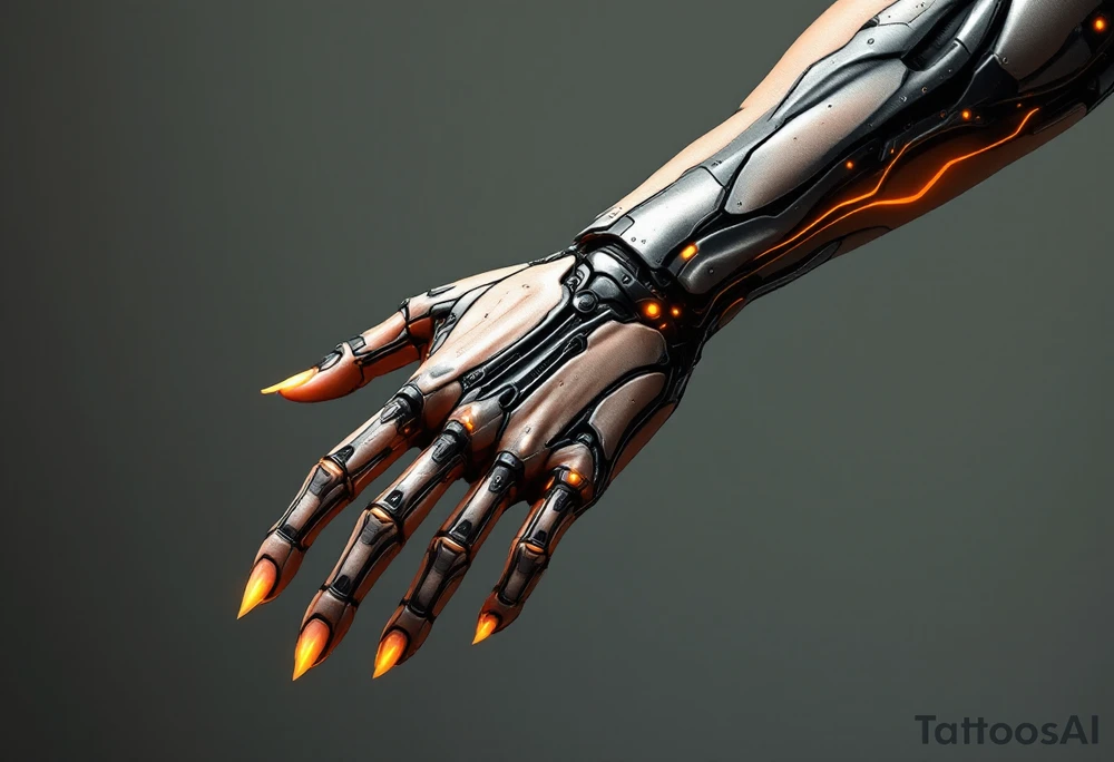 A half-human, half-robot hand in skin-tone fading into steel grey with glowing orange veins. tattoo idea