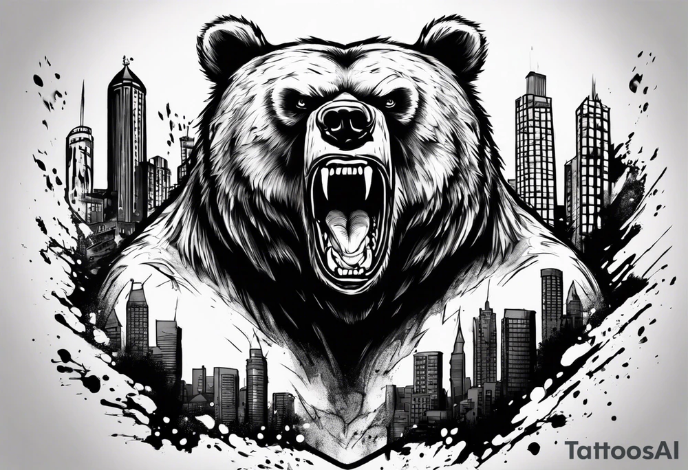 Angry bear coming up behind a city tattoo idea