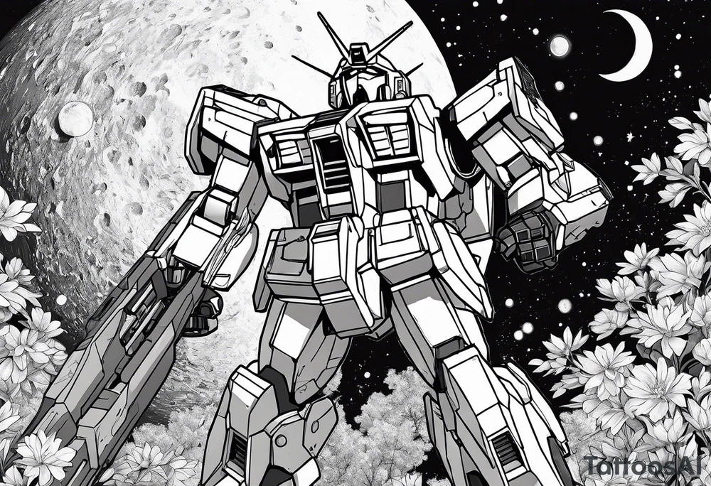gundam, flying over moon, falling flowers, line art tattoo idea