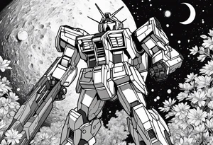 gundam, flying over moon, falling flowers, line art tattoo idea