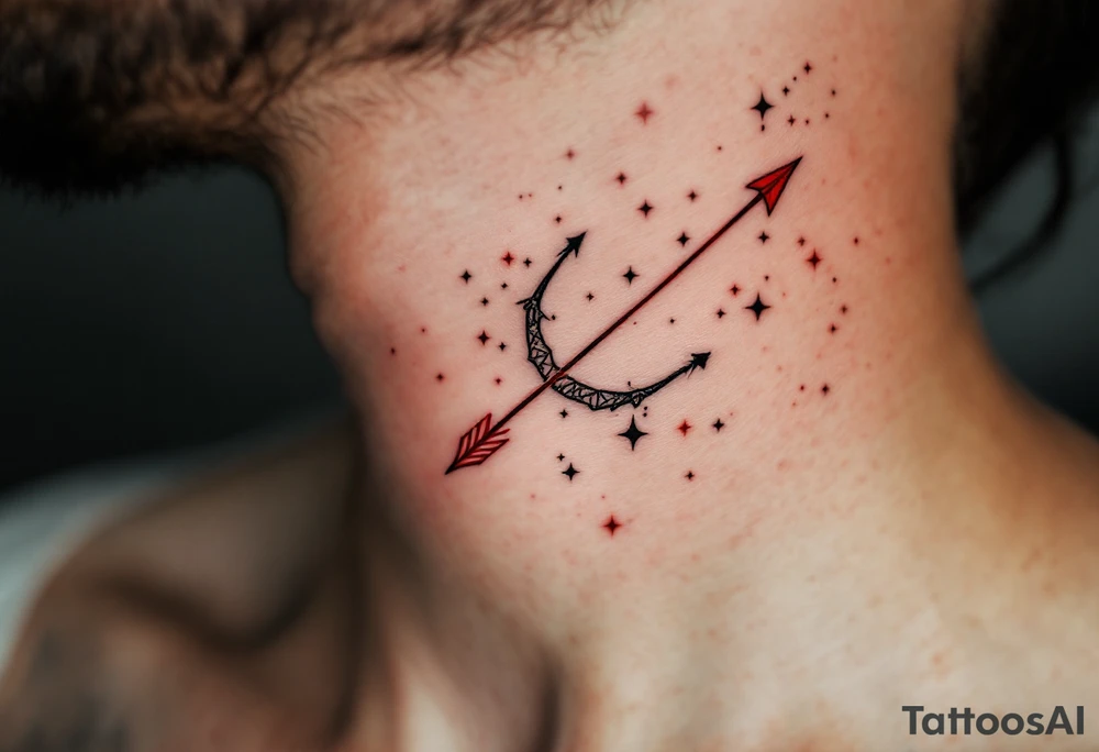 A fine-line Sagittarius constellation tattoo with a bold red arrow shooting across the stars on the ribcage. tattoo idea
