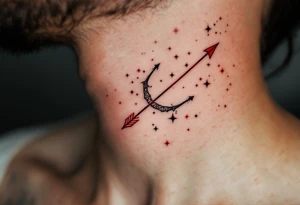 A fine-line Sagittarius constellation tattoo with a bold red arrow shooting across the stars on the ribcage. tattoo idea