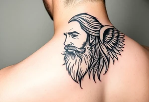 Male with long hair and beard flowing in the wing with smile on face tattoo idea