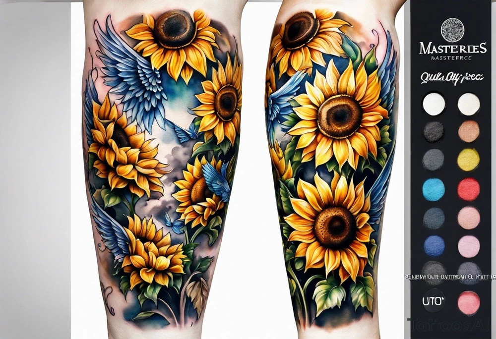 Sunflowers and angel wings leg sleeve tattoo idea