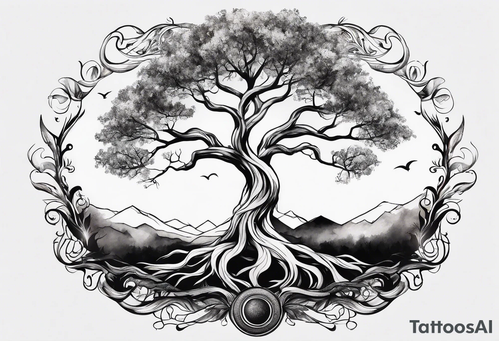 minimalistic Yggdrasil tree with no leaves tattoo idea