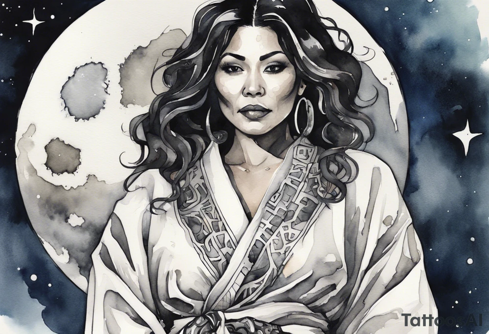 a watercolor of a beautiful 40-year-old latina woman wearing black and white robes standing on the moon tattoo idea