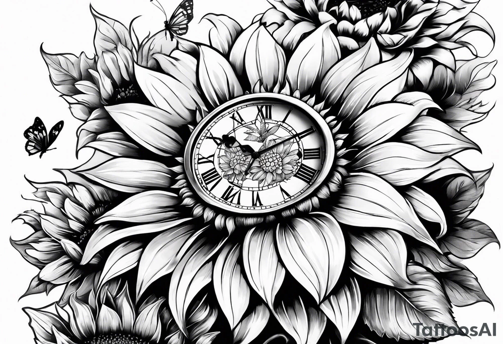 Sleeve with clock, sunflower and butterfly tattoo idea