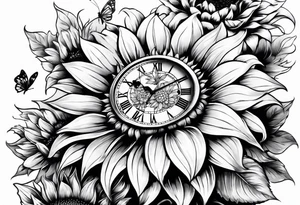 Sleeve with clock, sunflower and butterfly tattoo idea