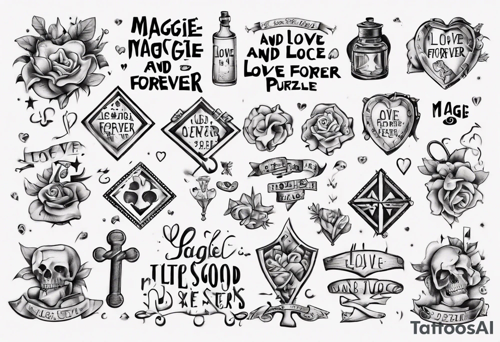 The words Maggie and Lucas and Love and Forever in a crossword puzzle tattoo idea