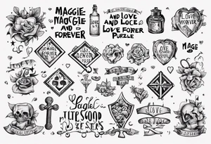 The words Maggie and Lucas and Love and Forever in a crossword puzzle tattoo idea