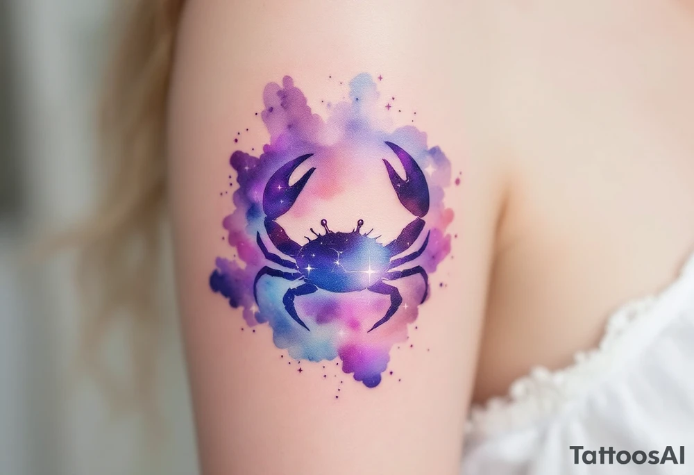 A watercolor nebula in shades of purple and blue cradles the Cancer star constellation and crab silhouette. tattoo idea