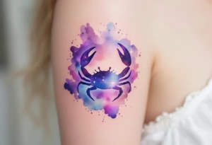 A watercolor nebula in shades of purple and blue cradles the Cancer star constellation and crab silhouette. tattoo idea