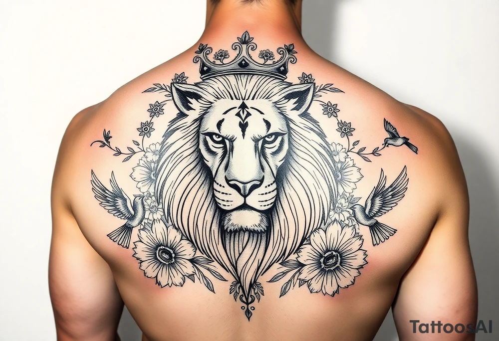 powerful majestic lion with a crown, surrounded by floral ornaments and birds tattoo idea