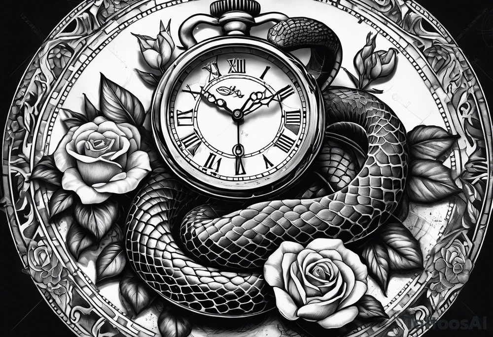 King cobra wrapped around an old broken watch clock with dead roses all around in the background tattoo idea