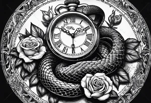 King cobra wrapped around an old broken watch clock with dead roses all around in the background tattoo idea