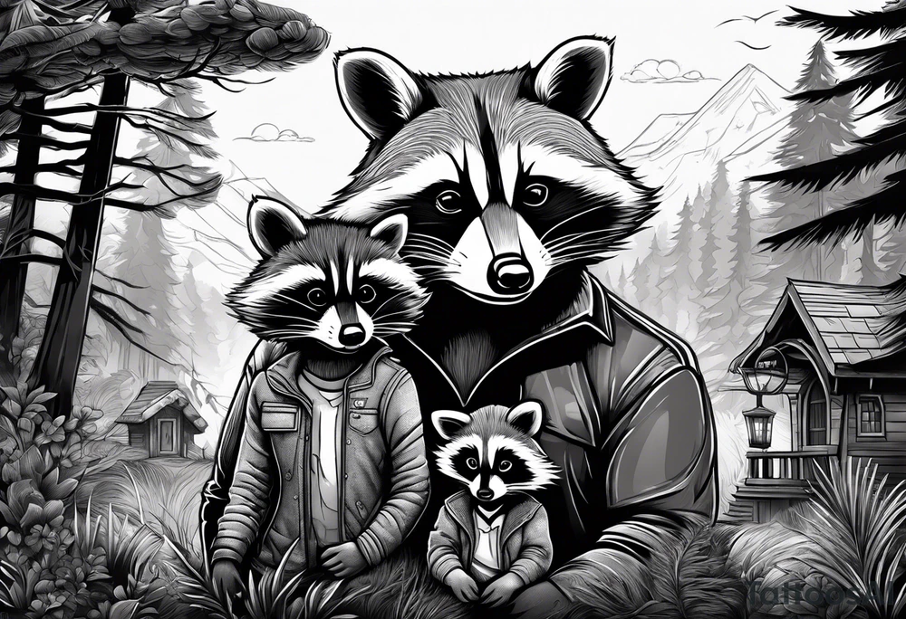 Very detailed Raccoon Husband with wife and child.
Background modern House between woods tattoo idea