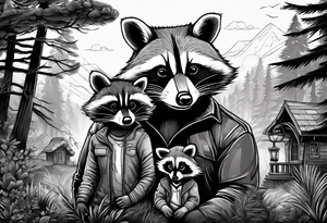 Very detailed Raccoon Husband with wife and child.
Background modern House between woods tattoo idea