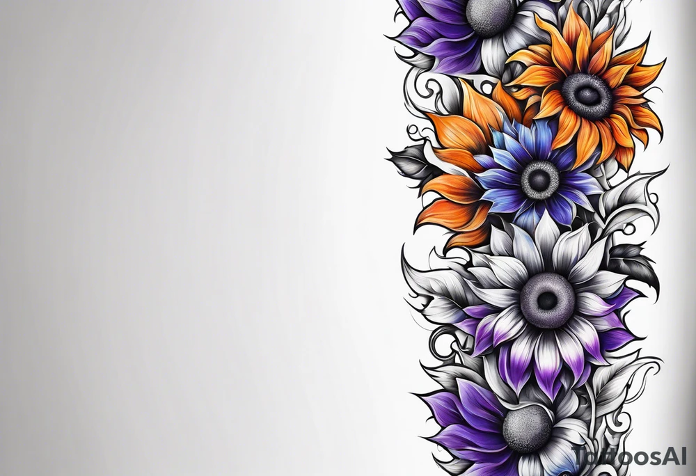 Full leg sleeve with purple, orange and blue sunflowers tattoo idea