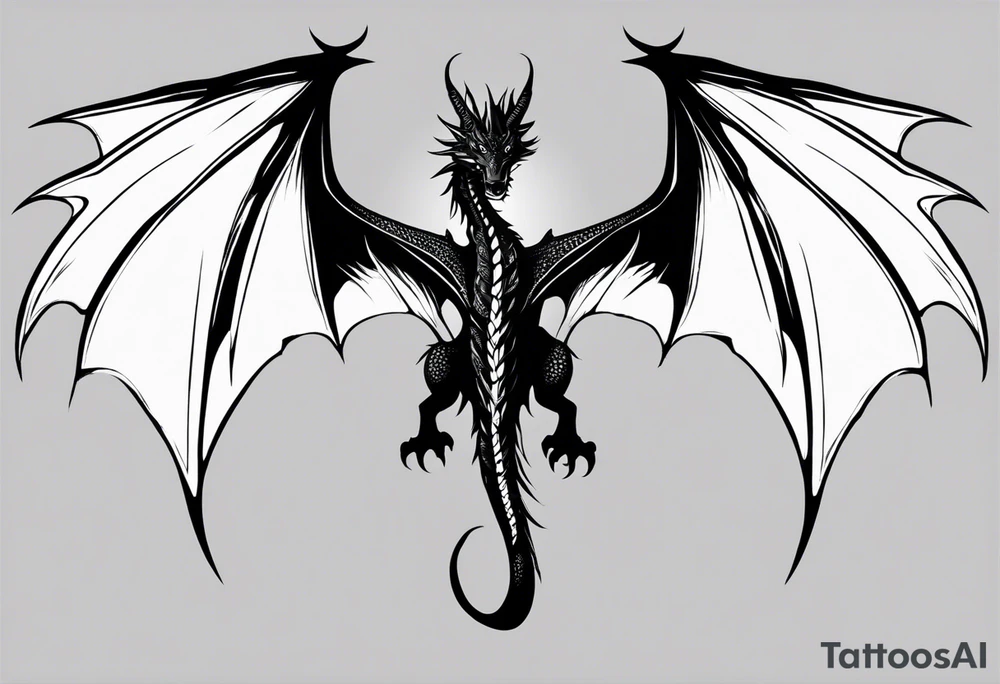 Symmetrical, Realistic dragon, facing forward. With both wings spread out. Torn look to wings. Tails wraps down and has a morning star weapon at the end of tail. The tattoo would be suitable for the centre of a chest tattoo idea