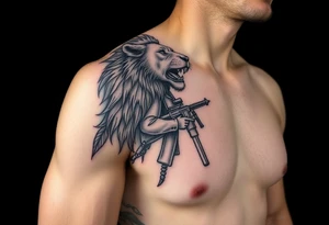 a lion on the shoulder, that transitions into a soldier on the bicep, and then into a bible verse on the forearm tattoo idea