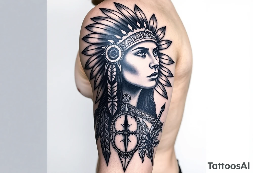 Native American girl with headdress in the sun a compass and a clock and arrowhead tattoo idea