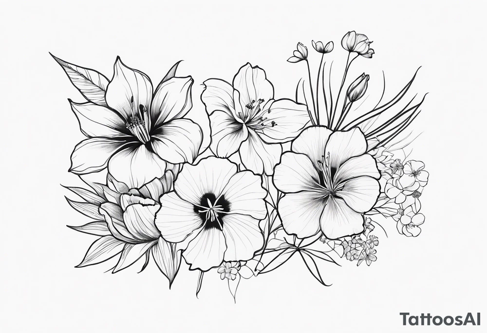 Verticle arm placement of dainty hibiscus, TULIPS, LILLIES, DRAGONflower, with wildflowers, poppy, bees, peony, forearm tattoo idea