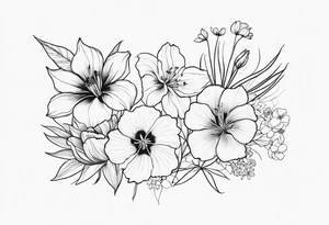 Verticle arm placement of dainty hibiscus, TULIPS, LILLIES, DRAGONflower, with wildflowers, poppy, bees, peony, forearm tattoo idea