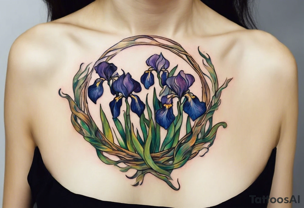 Create a small, colorful Vincent van Gogh Irises tattoo in the form of a crescent, with vines gracefully intertwining at a central point in the middle of the wreath. The intended placement is on the upper chest. The middle needs mountains. The overall design should be small in size while maintaining a delicate and artistic aesthetic. Pay attention to the graceful flow of the vines and the placement of the irises to achieve a refined and elegant look. tattoo idea