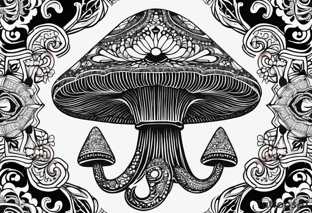 Black mushroom tattoo with henna style mandala design surrounding it tattoo idea