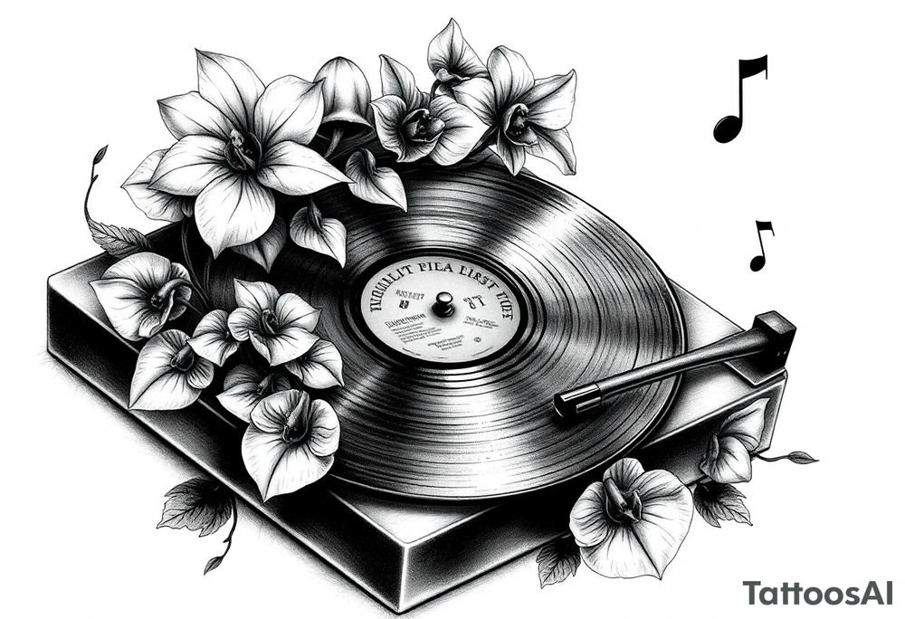 vinyl record player with mushrooms, orchids, and music notes around it tattoo idea