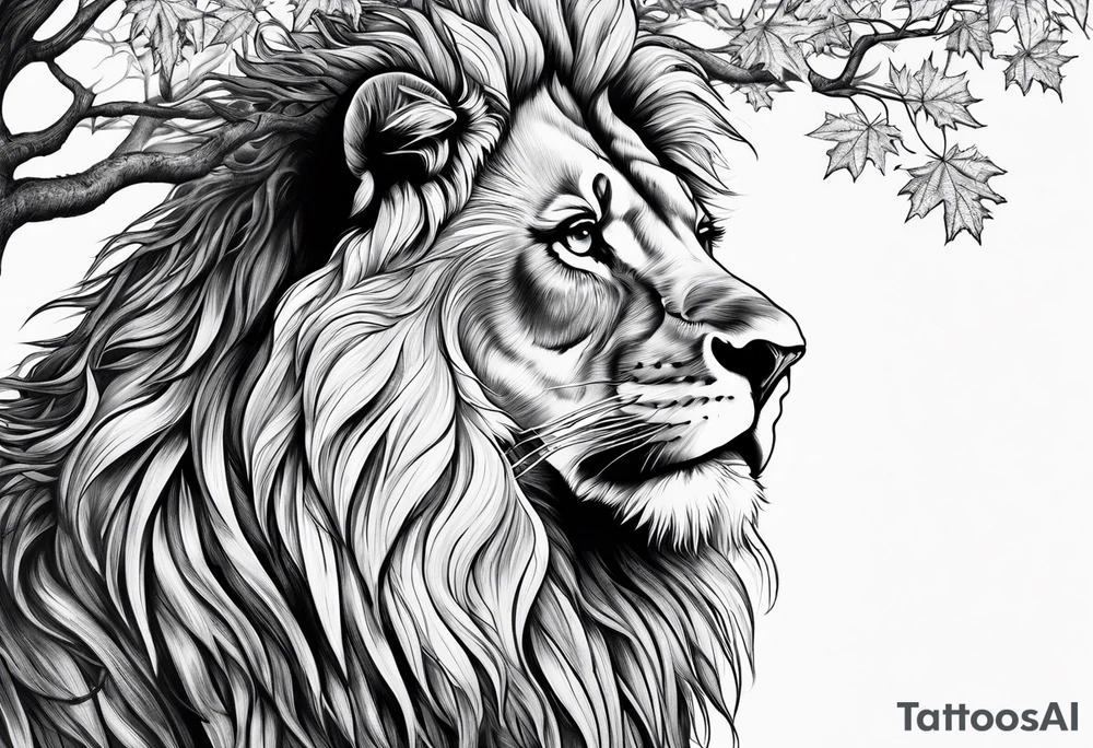 The lion of Judah, which is Jesus Christ, is tied and intertwined within a maple tree, and a cross as well tattoo idea