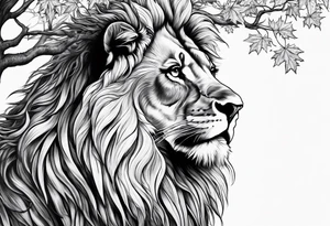 The lion of Judah, which is Jesus Christ, is tied and intertwined within a maple tree, and a cross as well tattoo idea