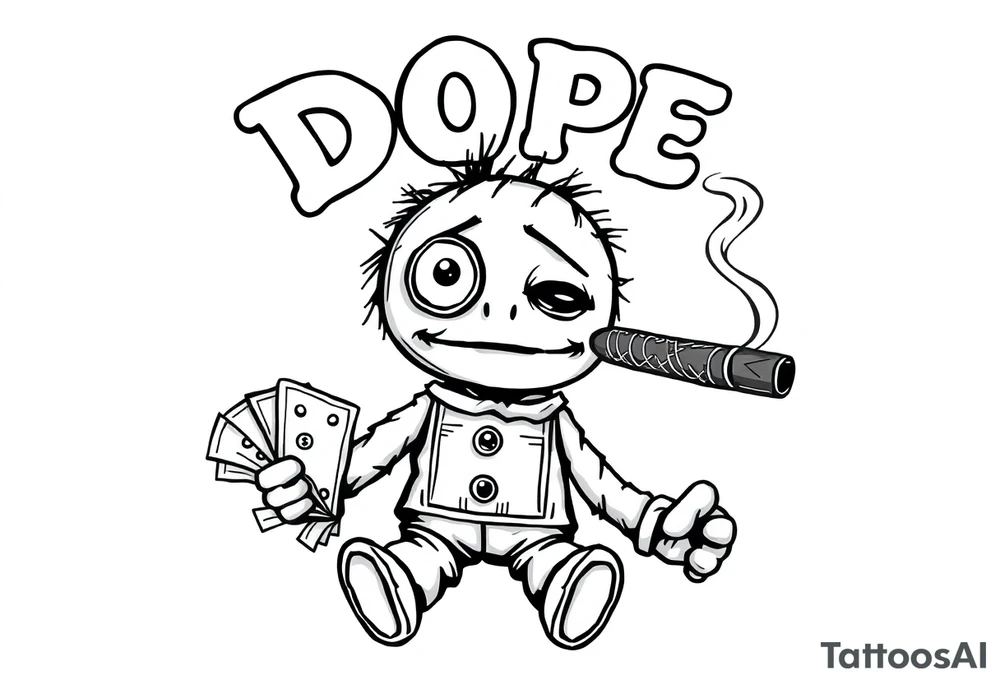 Stitched up rag doll with a button as one eye and some thread as the other. Holding some money in one hand and a cigar in the other hand. Smoke pouring off the cigar with the cloud of smoke above spelling out the word DOPE tattoo idea