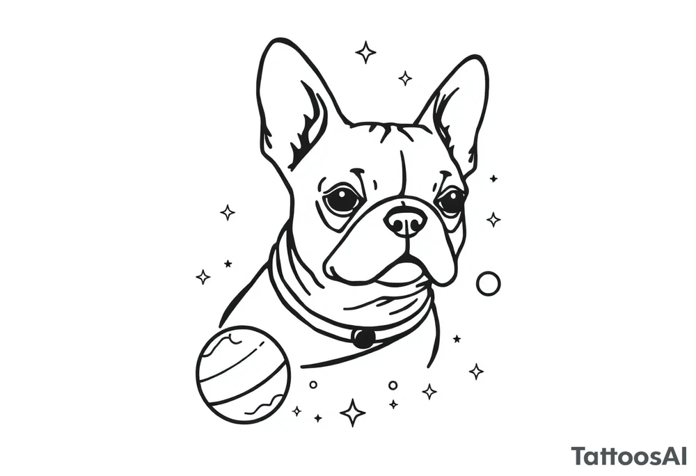 a space themed tattoo of my french bulldog mars. include space elements such as planets and stars tattoo idea