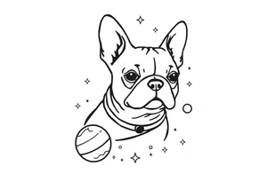 a space themed tattoo of my french bulldog mars. include space elements such as planets and stars tattoo idea