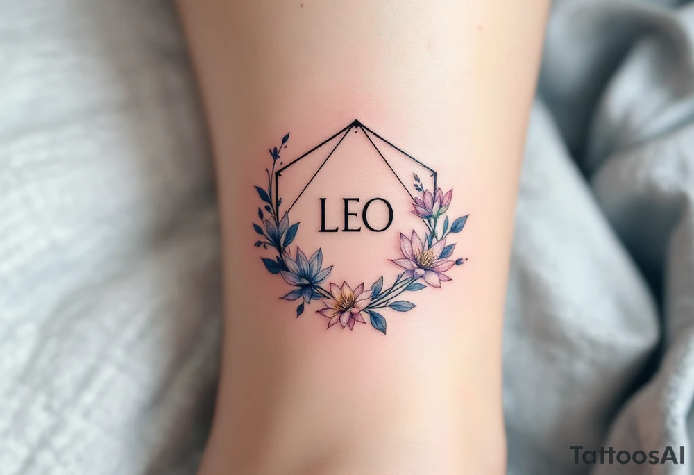 Small Feminine simple Dotted Line hexagon with Leo astrological symbol surrounded by larkspurs and water lilies tattoo idea