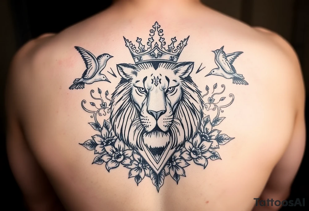 powerful majestic lion with a crown, surrounded by floral ornaments and birds tattoo idea