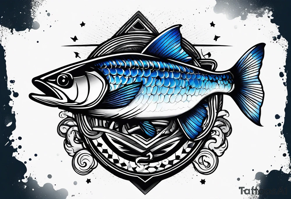 Trash polka blue and black fly fishing theme rib peice tattoo idea