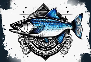 Trash polka blue and black fly fishing theme rib peice tattoo idea