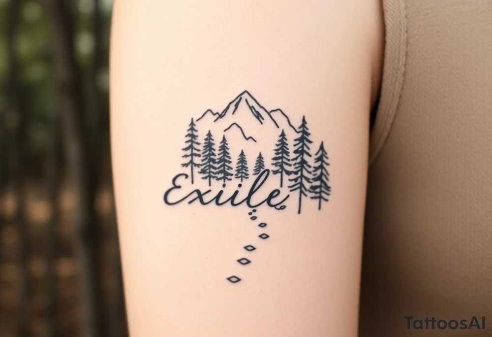 A path in the woods with mountains in the background, the word "Exile" blended in the drawing tattoo idea