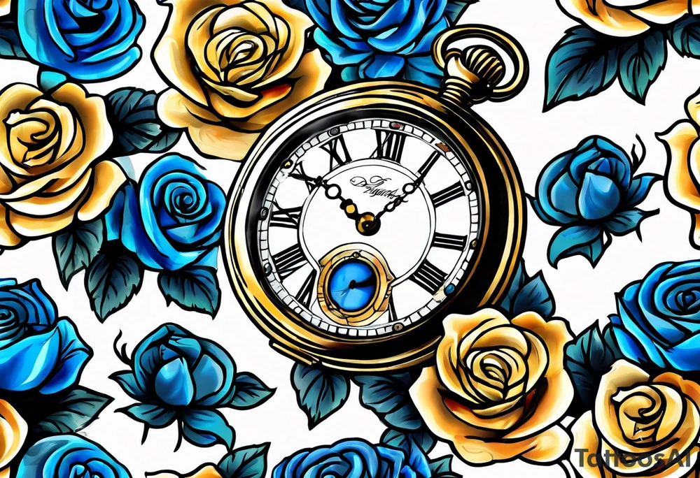 Pocket watch with blue roses tattoo idea