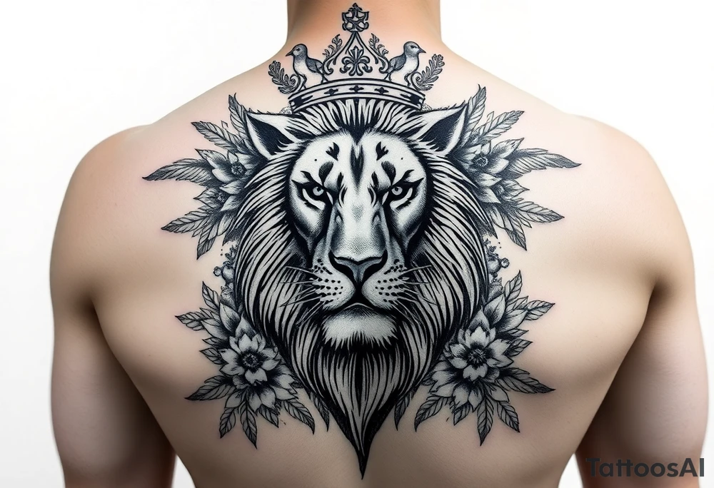 powerful majestic lion with a crown, surrounded by floral ornaments and birds tattoo idea