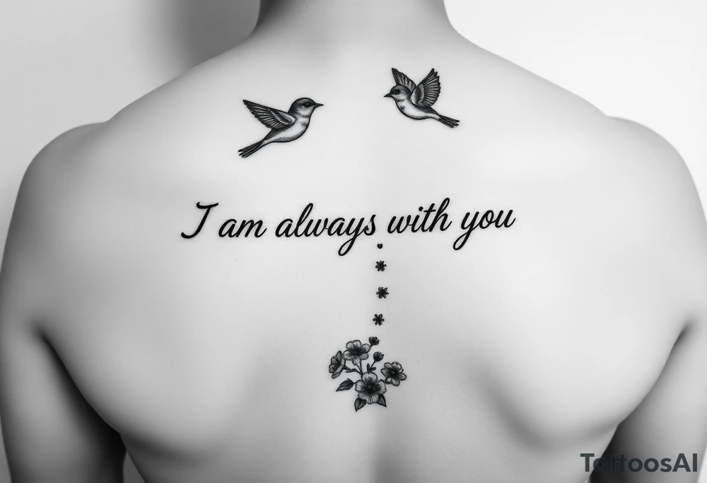 Bible verse “I am always with you Matthew 28:20” make the words go down the spine  with a dainty bird on top with small flowers on the bottom tattoo idea