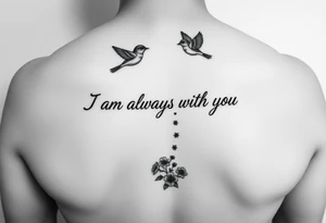 Bible verse “I am always with you Matthew 28:20” make the words go down the spine  with a dainty bird on top with small flowers on the bottom tattoo idea