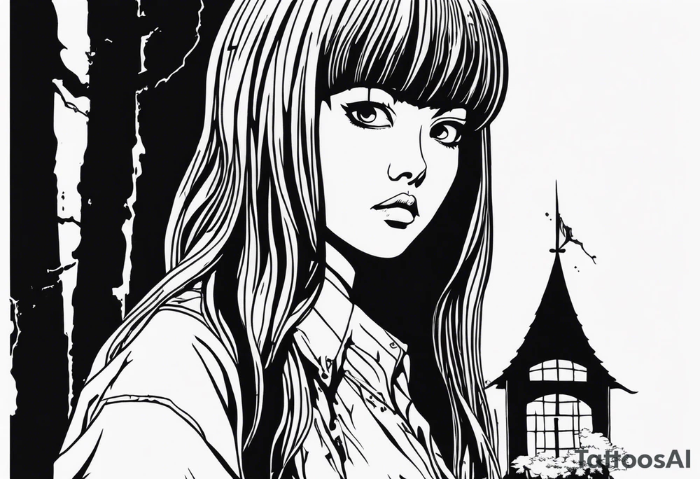 portrait of tomie standing up a character by the horror manga author junji ito full body standing murderously. add more horror and gore elements tattoo idea