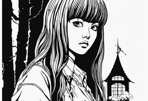 portrait of tomie standing up a character by the horror manga author junji ito full body standing murderously. add more horror and gore elements tattoo idea